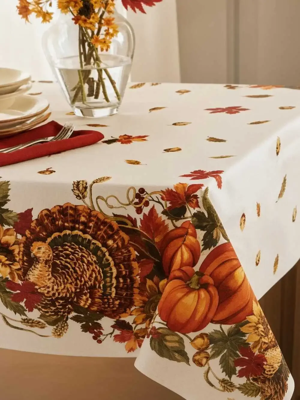 Thanksgiving Turkey Pumpkin Tablecloth, Fall Harvest Print Linen, 60x120 Oblong